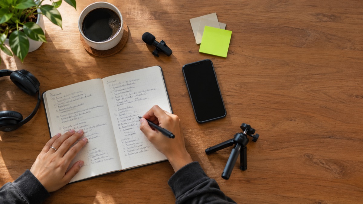 Cuaderno con ideas de videos escritas a mano, junto a un celular, un micrófono de solapa y un mini trípode sobre una mesa de madera