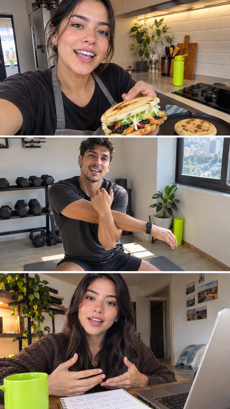 Tres creadores grabando videos cotidianos: una receta en la cocina, una rutina de ejercicio y una charla frente al computador
