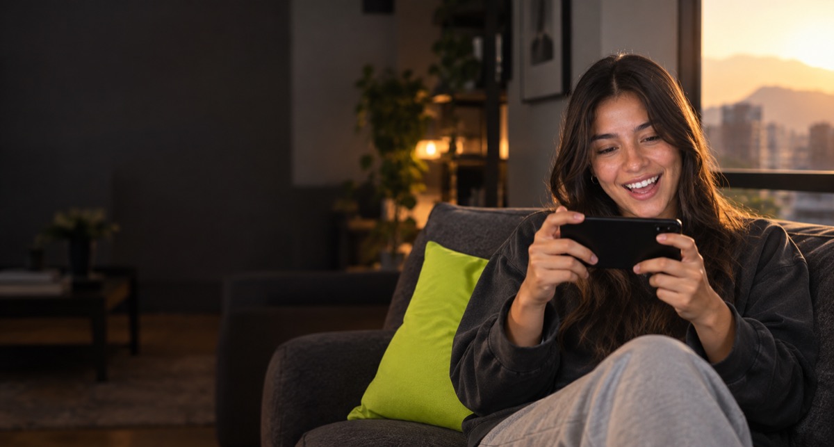 Joven sonriendo mientras mira su celular en el sofá al atardecer